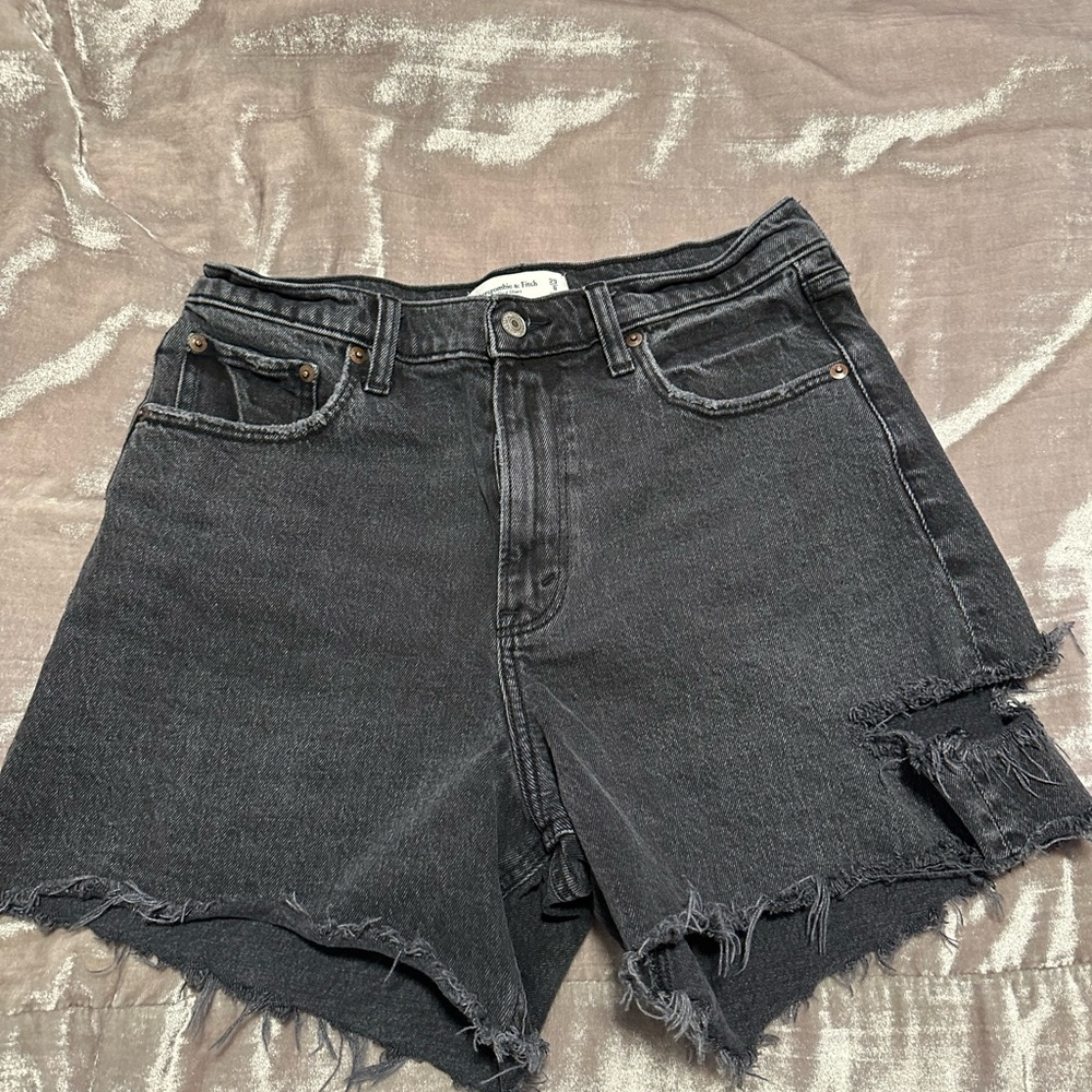 Abercrombie High Rise Black Jean Dad Shorts thigh rip distressed